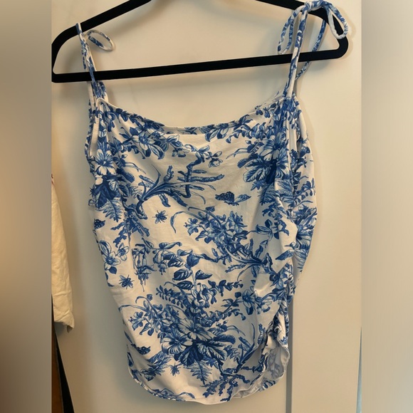 Anthropologie Maeve Blue & White Shirred Tie-Shoulder Tank - Picture 5 of 5